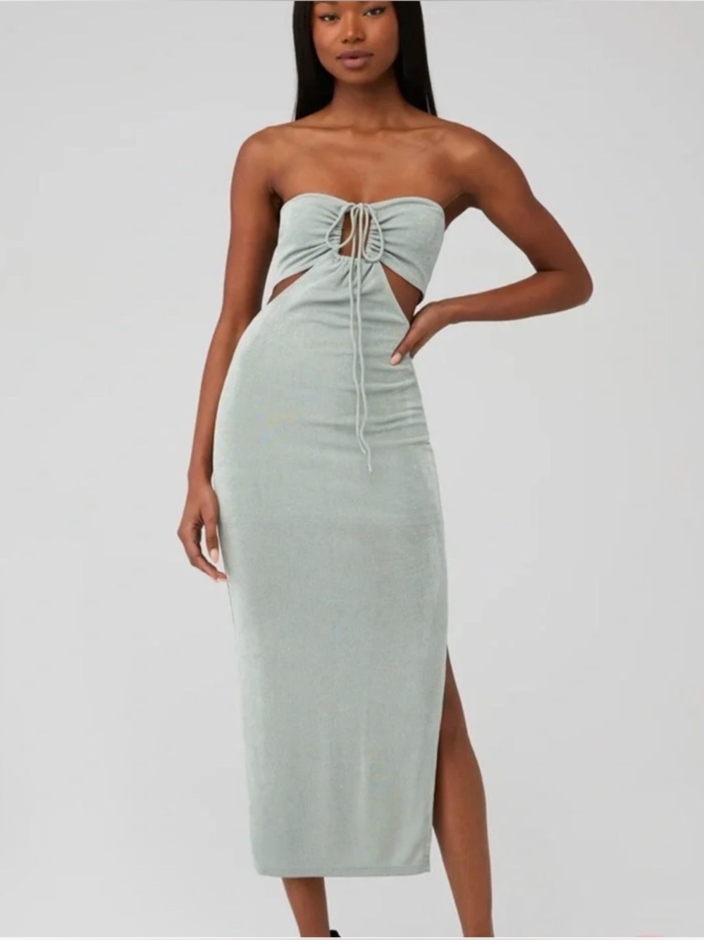 Runway the Label Idonic Strapless Sage Cutout Midi Dress w/ Tie Front Large NWT